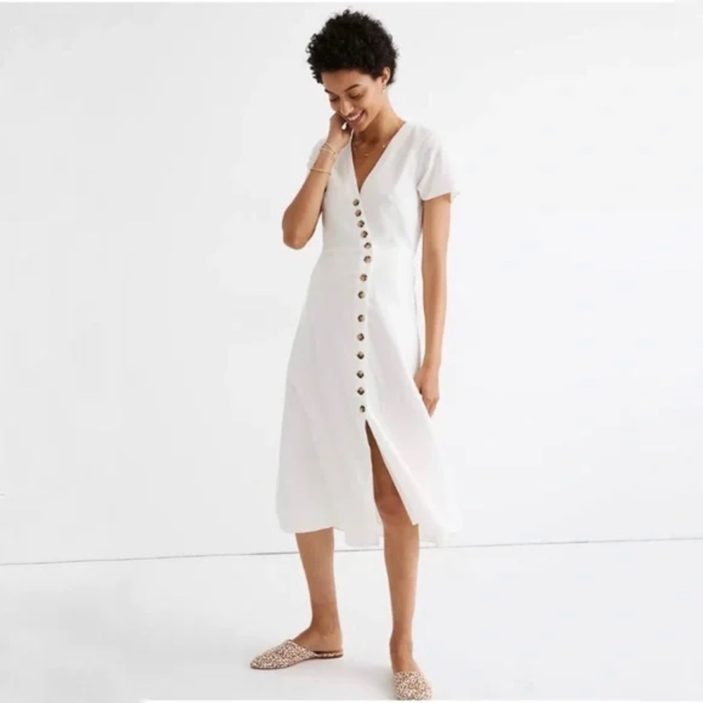 Madewell Linen Cream Dress with Button Detail